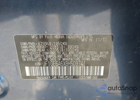 2011 Subaru Impreza 2.5I из США, поврежденный, VIN JF1GE6A6XBH509741